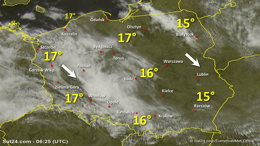 Zdjęcie satelitarne Polski w dniu 28 czerwca 2019 o godzinie 8:25. Dane: Sat24.com / Eumetsat.