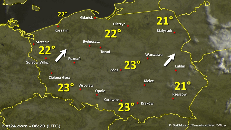 Zdjęcie satelitarne Polski w dniu 30 czerwca 2019 o godzinie 8:20. Dane: Sat24.com / Eumetsat.