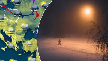 Grafika przedstawiająca mapę synoptyczną Europy z symbolami pogody oraz zdjęcie nocnego krajobrazu zimowego z latarnią i sylwetką osoby.