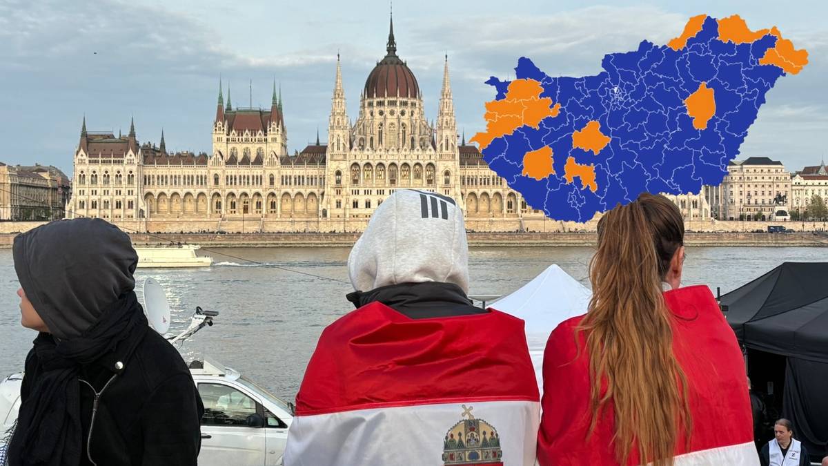 Trzy osoby z widokiem od tyłu, ubrane w narodowe barwy Węgier, stoją na tle Parlamento Węgierskiego w Budapeszcie.