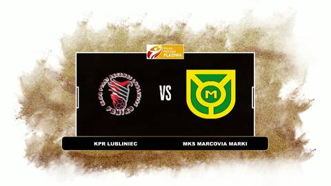 Logo KPR Lubliniec po lewej, symbol VS na środku, logo MKS Marcovia Marki po prawej.