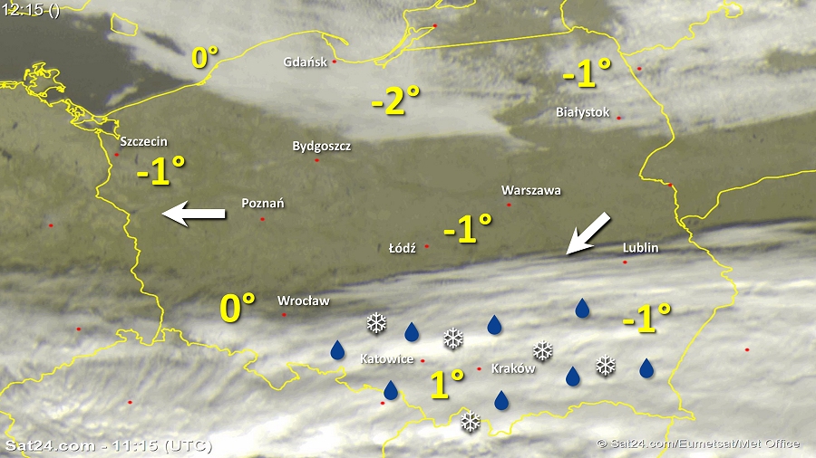 Zdjęcie satelitarne w dniu 8 stycznia 2018 o godzinie 12:15. Dane: Sat24.com / Eumetsat.