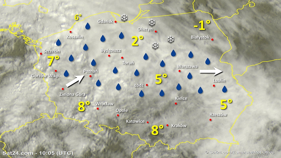 Zdjęcie satelitarne Polski w dniu 21 lutego 2019 o godzinie 11:05. Dane: Sat24.com / Eumetsat.