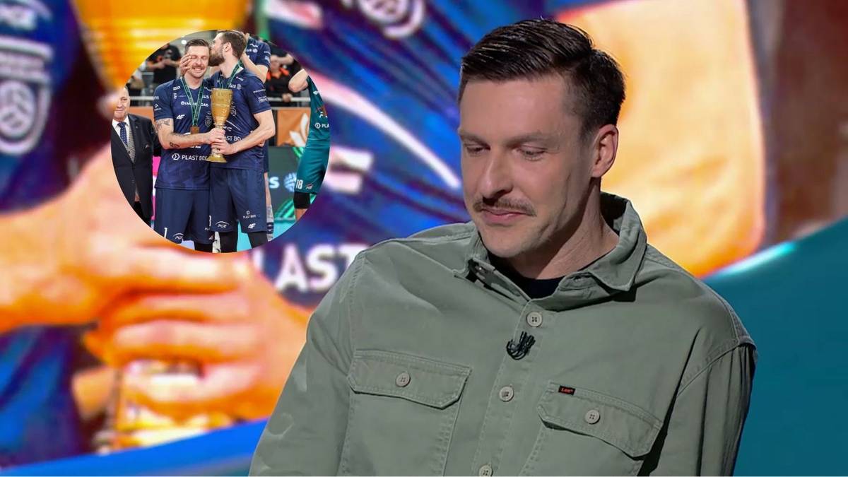 Mężczyzna z wąsami w jasnoszarej koszuli siedzi, wyrażając wzruszenie. W lewym g&oacute;rnym rogu znajduje się okrągłe zdjęcie przedstawiające tego samego mężczyznę z trofeum w dłoniach, w otoczeniu innych os&oacute;b w strojach sportowych.