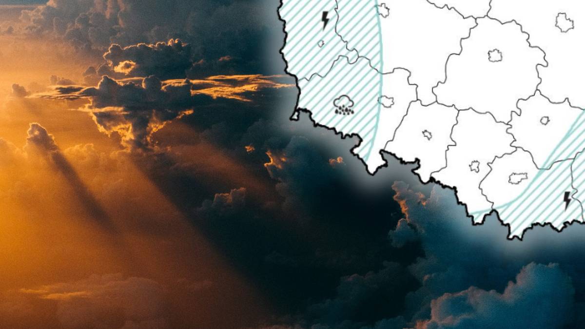 Mapa Polski z zaznaczonymi obszarami występowania burz oraz zdjęcie burzowych chmur z przebijającymi się promieniami słońca.