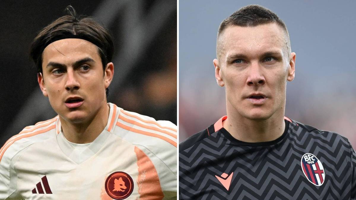 Dwa portrety piłkarzy: po lewej Paulo Dybala z AS Roma, po prawej zawodnik Bologna FC.