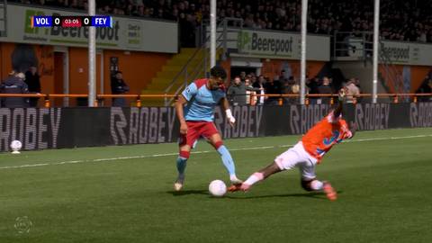 Dw&oacute;ch piłkarzy rywalizuje o piłkę na boisku podczas meczu FC Volendam - Feyenoord Rotterdam.