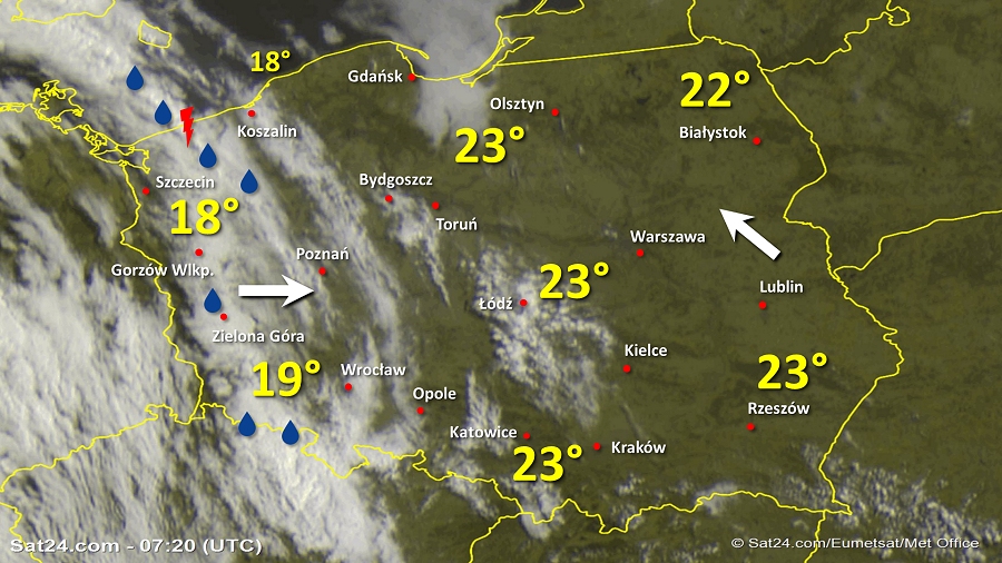 Zdjęcie satelitarne Polski w dniu 8 czerwca 2019 o godzinie 9:25. Dane: Sat24.com / Eumetsat.