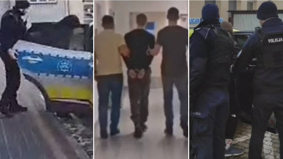 Policjanci prowadzący zatrzymania, trzech mężczyzn w kajdankach prowadzonych korytarzem, policjanci eskortujący zatrzymanych do radiowozu.