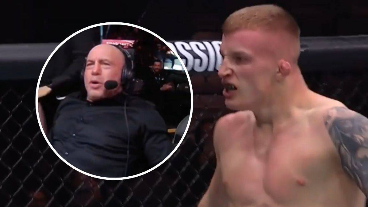 Kompozycja dwóch obrazów: po lewej stronie, w okrągłym kadrze, widać Joe Rogana z mikrofonem na uszach, reagującego z zaskoczeniem. Po prawej stronie, na pierwszym planie, widoczny jest młody, muskularny zawodnik MMA z krótką blond fryzurą, patrzący przed siebie.