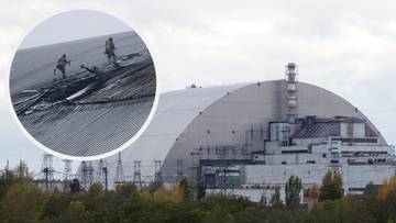 Widok zewnętrzny Nowej Bezpiecznej Powłoki nad reaktorem w Czarnobylu. W powiększeniu widoczne uszkodzenia dachu.