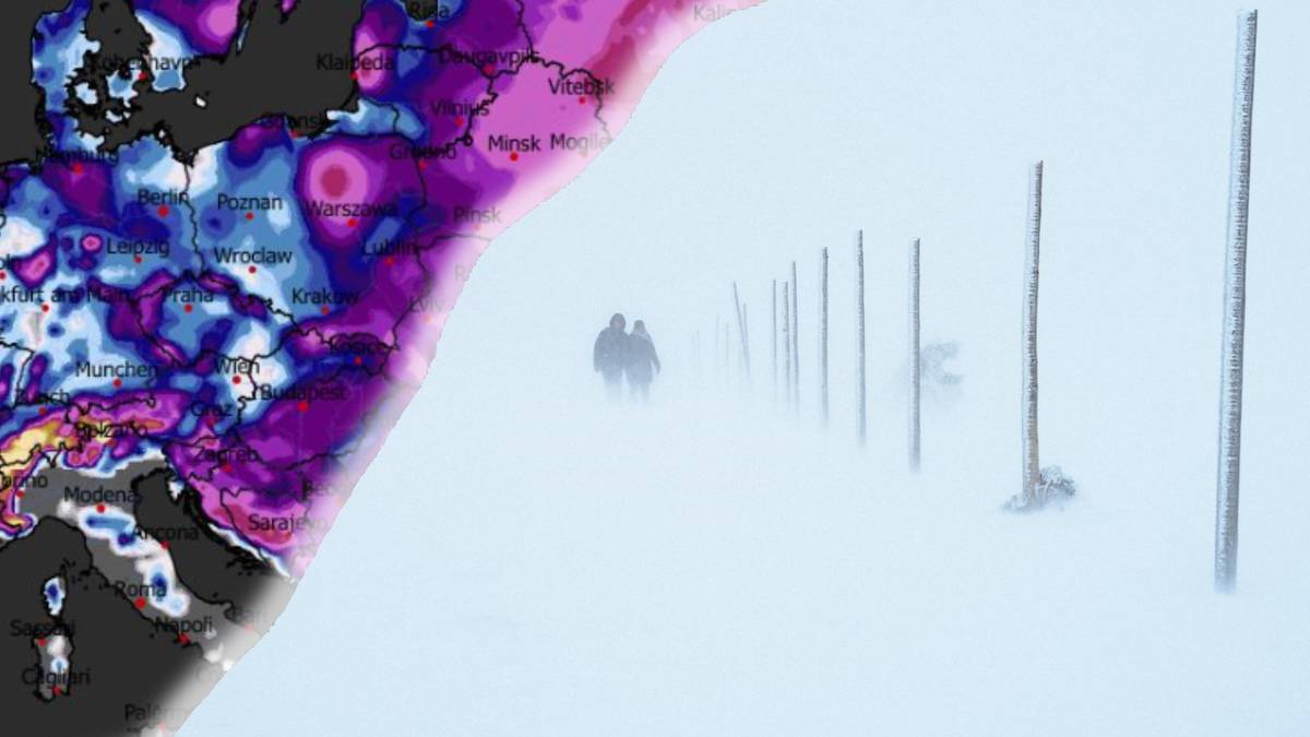 Mapa pogody z zaznaczonymi opadami śniegu nałożona na widok zaśnieżonego krajobrazu z ludźmi w oddali.