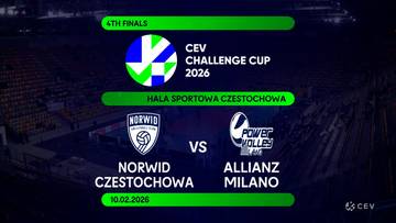 Logo Norwid Częstochowa kontra logo Allianz Milano. Obok loga CEV Challenge Cup 2026. Meczu odbywa się w Hali Sportowej Częstochowa 10.02.2026.