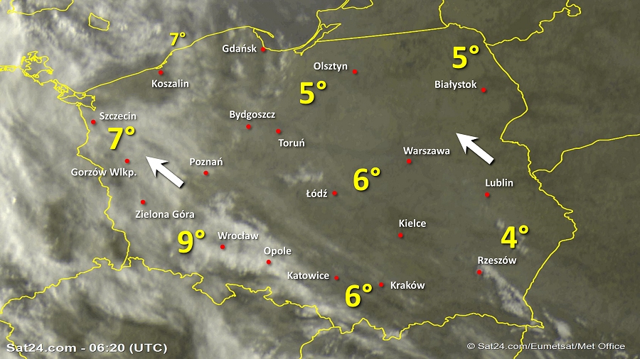 Zdjęcie satelitarne Polski w dniu 3 kwietnia 2019 o godzinie 8:20. Dane: Sat24.com / Eumetsat.