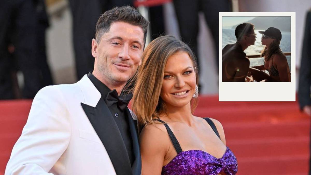 Robert Lewandowski i Anna Lewandowska pozują do zdjęcia na czerwonym dywanie. W prawym górnym rogu widnieje mniejsze zdjęcie pary.