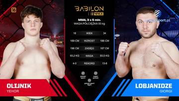 Dw&oacute;ch zawodnik&oacute;w MMA, Yehor Oliinyk po lewej i Giorgi Lobjanidze po prawej, stoi w postawie bojowej. Pomiędzy nimi znajduje się plansza z danymi statystycznymi zawodnik&oacute;w, takimi jak waga, wzrost i rekord.