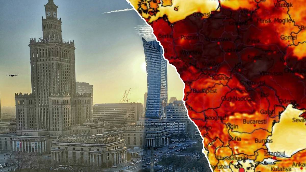 Dwie części obrazu: po lewej stronie widok na Pałac Kultury i Nauki w Warszawie z wyraźnie widocznymi wieżowcami w tle, po prawej stronie fragment mapy Polski z zaznaczonymi obszarami o wysokiej temperaturze, przedstawionymi w odcieniach czerwieni i pomarańczy.