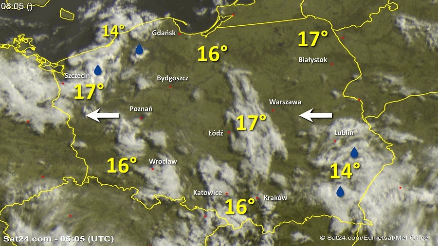 Zdjęcie satelitarne Polski w dniu 10 maja 2018 o godzinie 8:05. Dane: Sat24.com / Eumetsat.