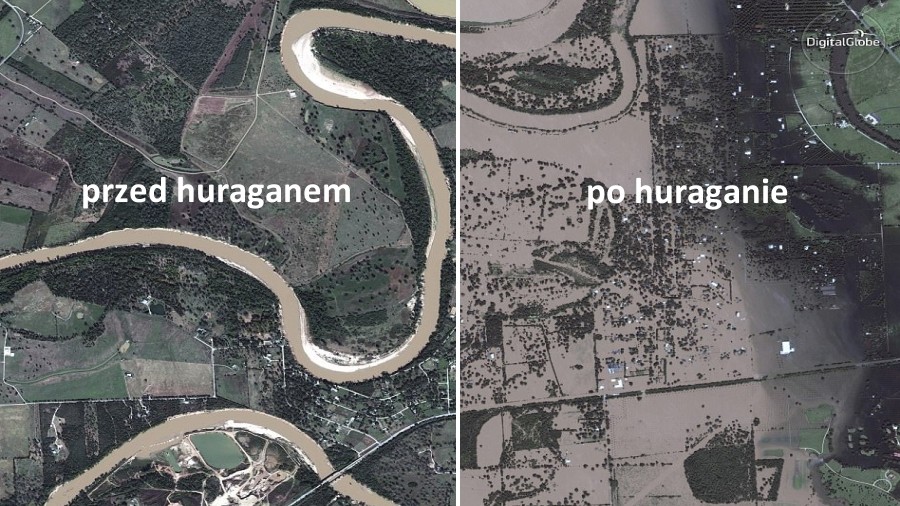 Porównanie zdjęć satelitarnych Teksasu przed huraganem Harvey i po nim. Fot. Digital Globe / AP.