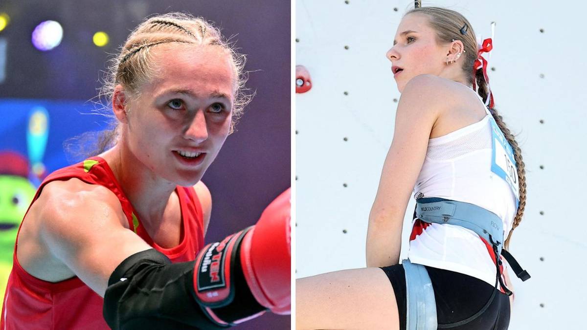 Zestawienie dwóch zdjęć sportsmenek: po lewej kobieta w rękawicach bokserskich, po prawej kobieta w trakcie wspinaczki.