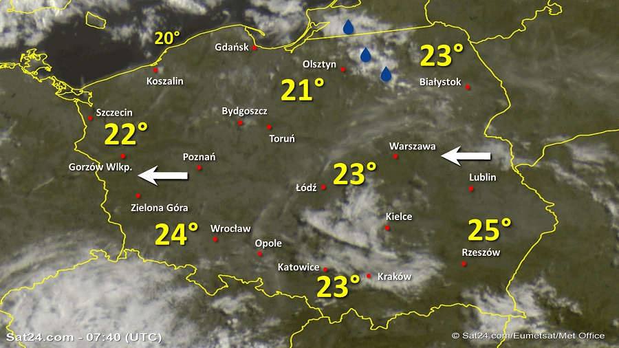 Zdjęcie satelitarne Polski w dniu 28 lipca 2019 o godzinie 9:40. Dane: Sat24.com / Eumetsat.