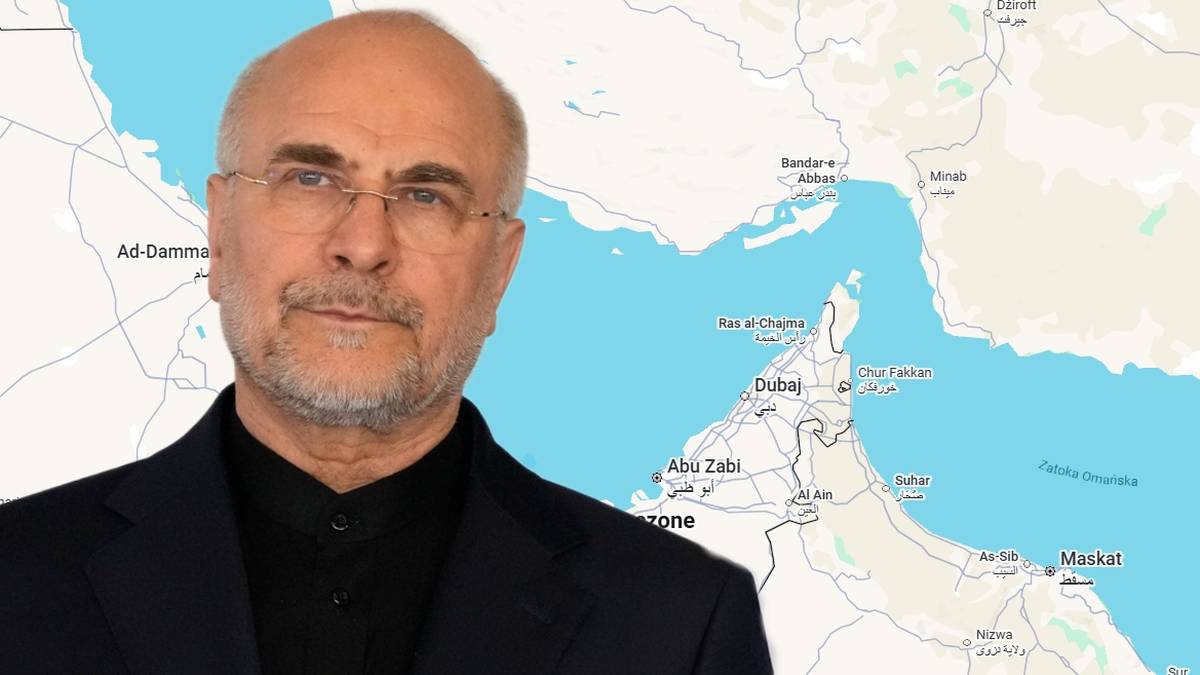 Portret Mohammada Bager Ghalibafa na tle mapy cieśniny Ormuz