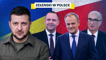 Wołodymyr Zełenski i Donald Tusk na tle flag Ukrainy i Polski.