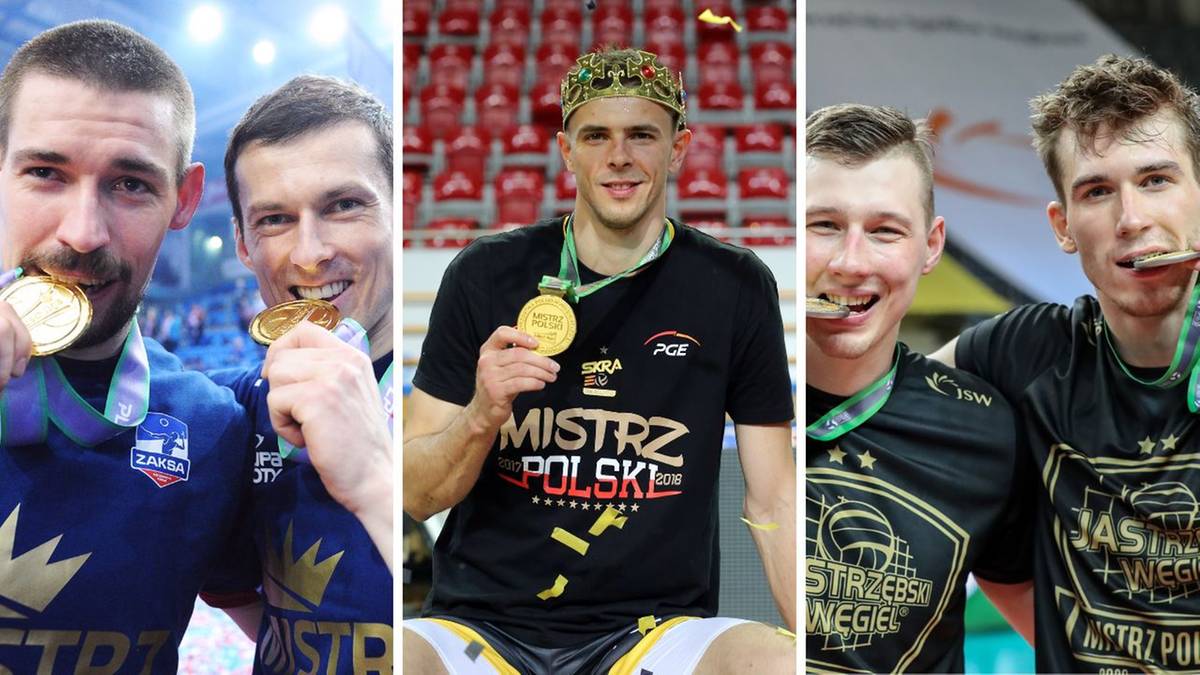 Trzy obrazy przedstawiające polskich siatkarzy z medalami i zadowolonymi minami po zwycięstwie.