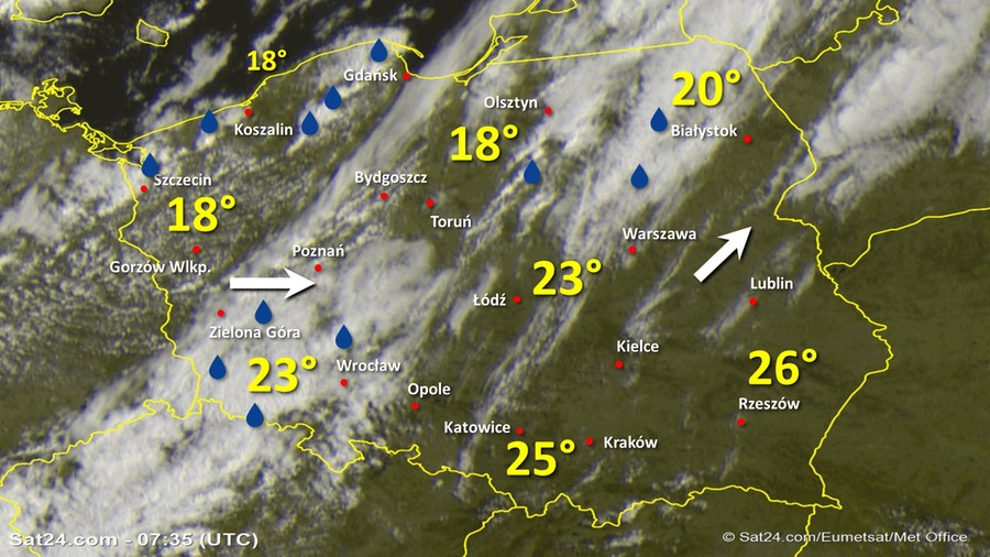 Zdjęcie satelitarne Polski w dniu 6 lipca 2020 o godzinie 9:35. Dane: Sat24.com / Eumetsat.