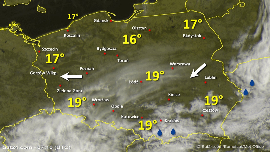 Zdjęcie satelitarne Polski w dniu 23 czerwca 2019 o godzinie 9:10. Dane: Sat24.com / Eumetsat.