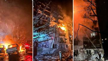 Płonące budynki i samochody po rosyjskim ataku na Ukrainę