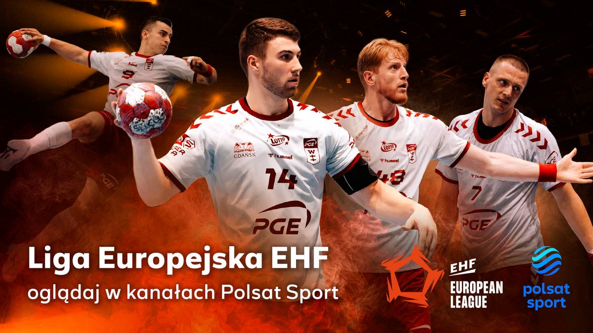 Czterej piłkarz ręczni w białych strojach na tle dymu i ognia, zapowiadający transmisje Ligi Europejskiej EHF w Polsat Sport.