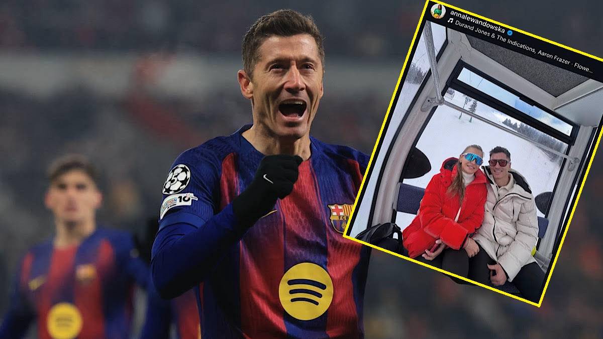 Robert Lewandowski świętuje zdobycie bramki, obok zdjęcie z wyciągu narciarskiego z jego rodziną.