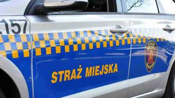 Napis "STRAŻ MIEJSKA" na drzwiach oznakowanego radiowozu.