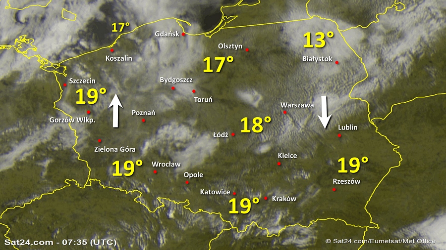 Zdjęcie satelitarne Polski w dniu 1 czerwca 2019 o godzinie 9:35. Dane: Sat24.com / Eumetsat.