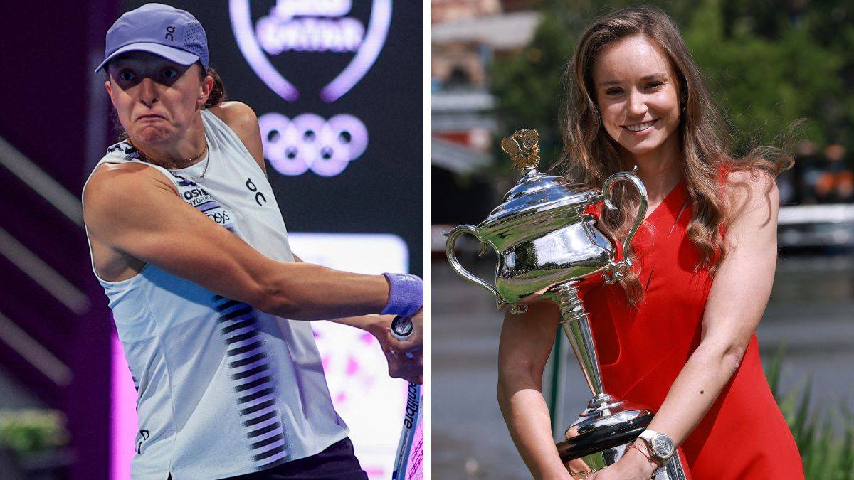 Dwie tenisistki w zestawieniu: Iga Świątek podczas meczu i Elena Rybakina trzymająca trofeum.