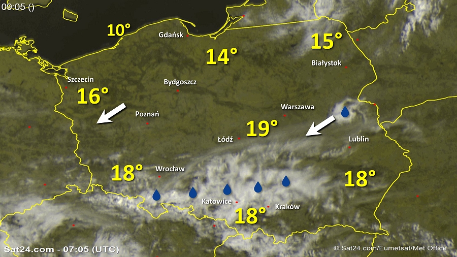 Zdjęcie satelitarne Polski w dniu 23 maja 2018 o godzinie 9:05. Dane: Sat24.com / Eumetsat.