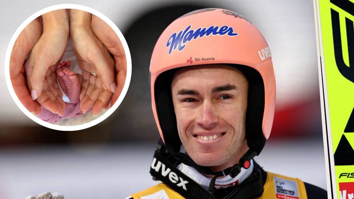 Portret mężczyzny w kasku narciarskim, z dłońmi ułożonymi w okrąg, w kt&oacute;rych znajduje się nowo narodzone dziecko.