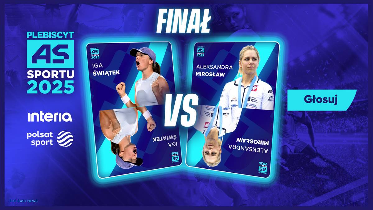 Grafika przedstawiająca finał plebiscytu "As Sportu Interii i Polsatu Sport 2025". Po lewej stronie zdjęcie Igi Świątek, po prawej Aleksandry Mirosław. Obok nich widnieje napis "FINAŁ" oraz przycisk "Głosuj".