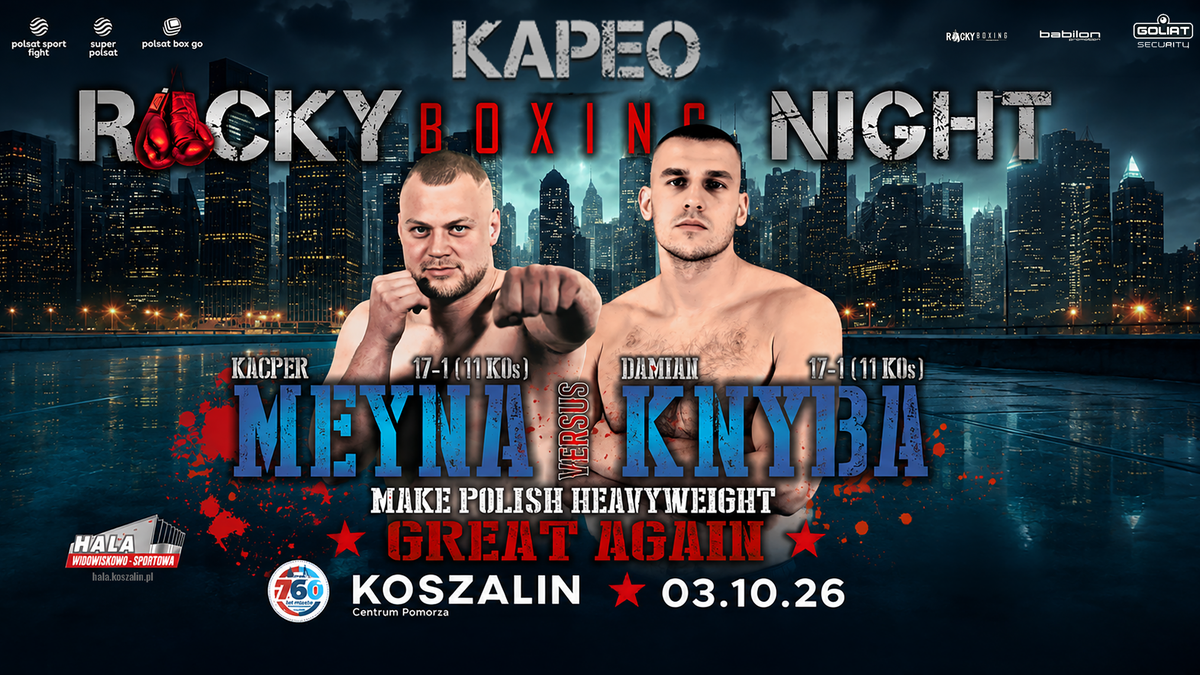Plakat z Kacprem Meyną i Damianem Knyba, zapowiadający walkę wieczoru gali Rocky Boxing Night w Koszalinie.