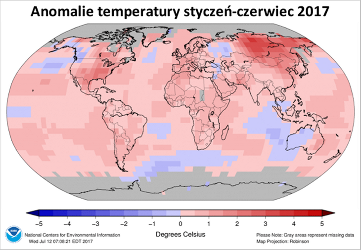 Anomalie temperatury globalnej w okresie styczeń-czerwiec 2017 roku. Dane: NOAA.