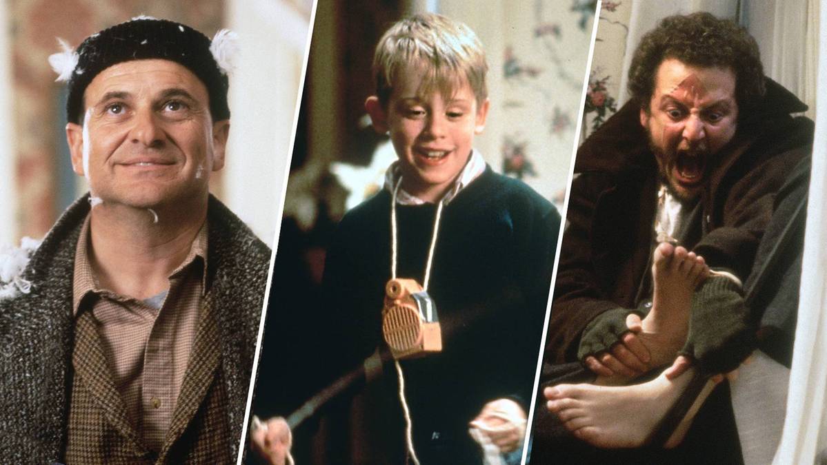 Trzy kadry z filmu "Kevin sam w domu": po lewej mężczyzna w czapce, pośrodku chłopiec trzymający zabawkę, po prawej mężczyzna z przerażoną miną trzymający stopę.