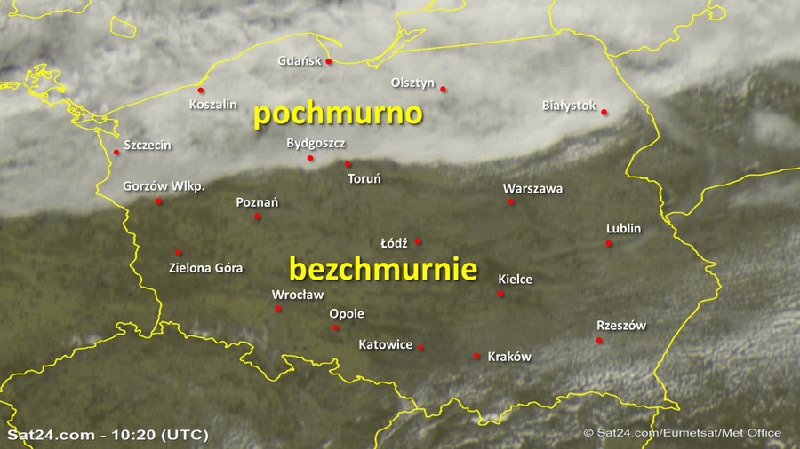 Zdjęcie satelitarne Polski w dniu 1 kwietnia 2020 o godzinie 12:20. Dane: Sat24.com / Eumetsat.