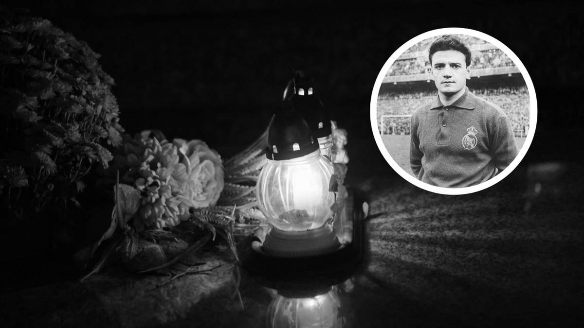 Czarno-białe zdjęcie przedstawiające znicz i kompozycję kwiatową po lewej stronie, a po prawej okrągłe zdjęcie młodej twarzy piłkarza w stroju sportowym.