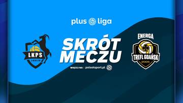 Grafika z logotypami drużyn Bogdanka LUK Lublin i Energa Trefl Gdańsk oraz napisem "SKRÓT MECZU".