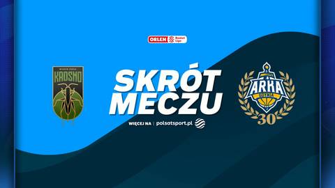 Grafika z napisem SKRÓT MECZU, logotypem Miasta Szkła Krosno po lewej i logotypem AMW Arka Gdynia po prawej.