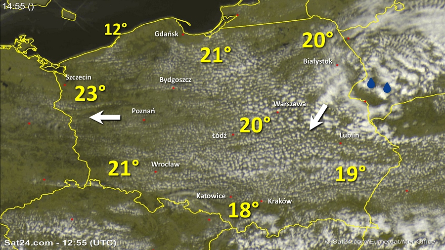 Zdjęcie satelitarne Polski w dniu 21 maja 2018 o godzinie 14:55. Dane: Sat24.com / Eumetsat.