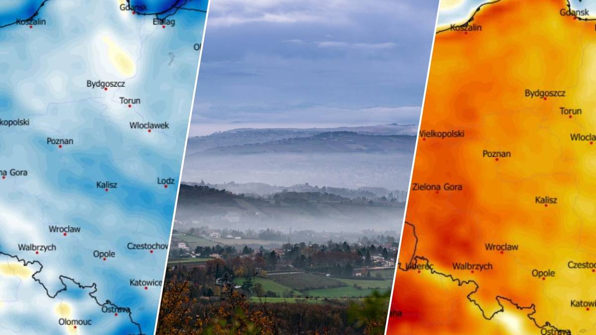 Mapy temperatur Polski i krajobraz mglistych wzg&oacute;rz.