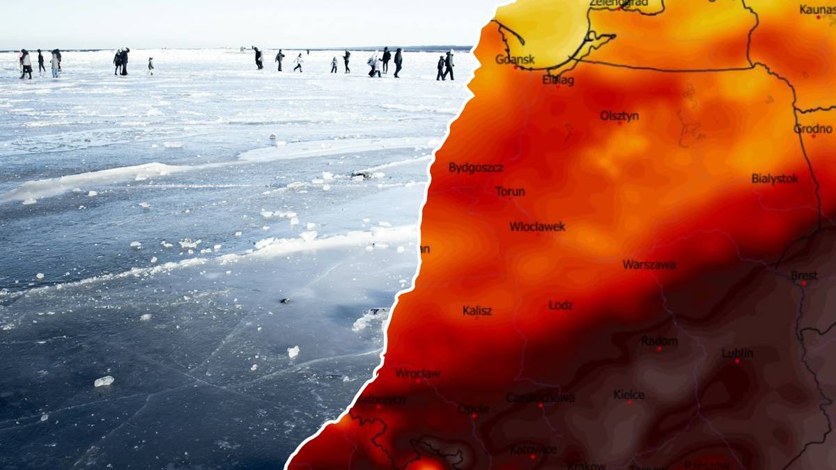 Zamarznięty krajobraz połączony z mapą termiczną wskazującą na wysokie temperatury