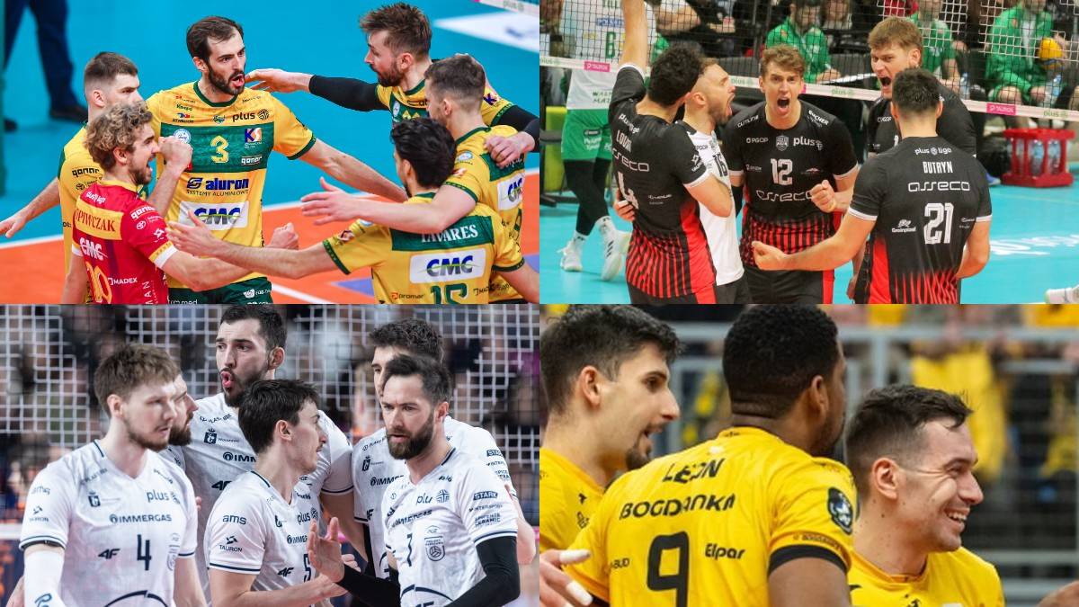 Siatkarze świętujący zwycięstwo i analizujący grę podczas mecz&oacute;w PlusLigi.